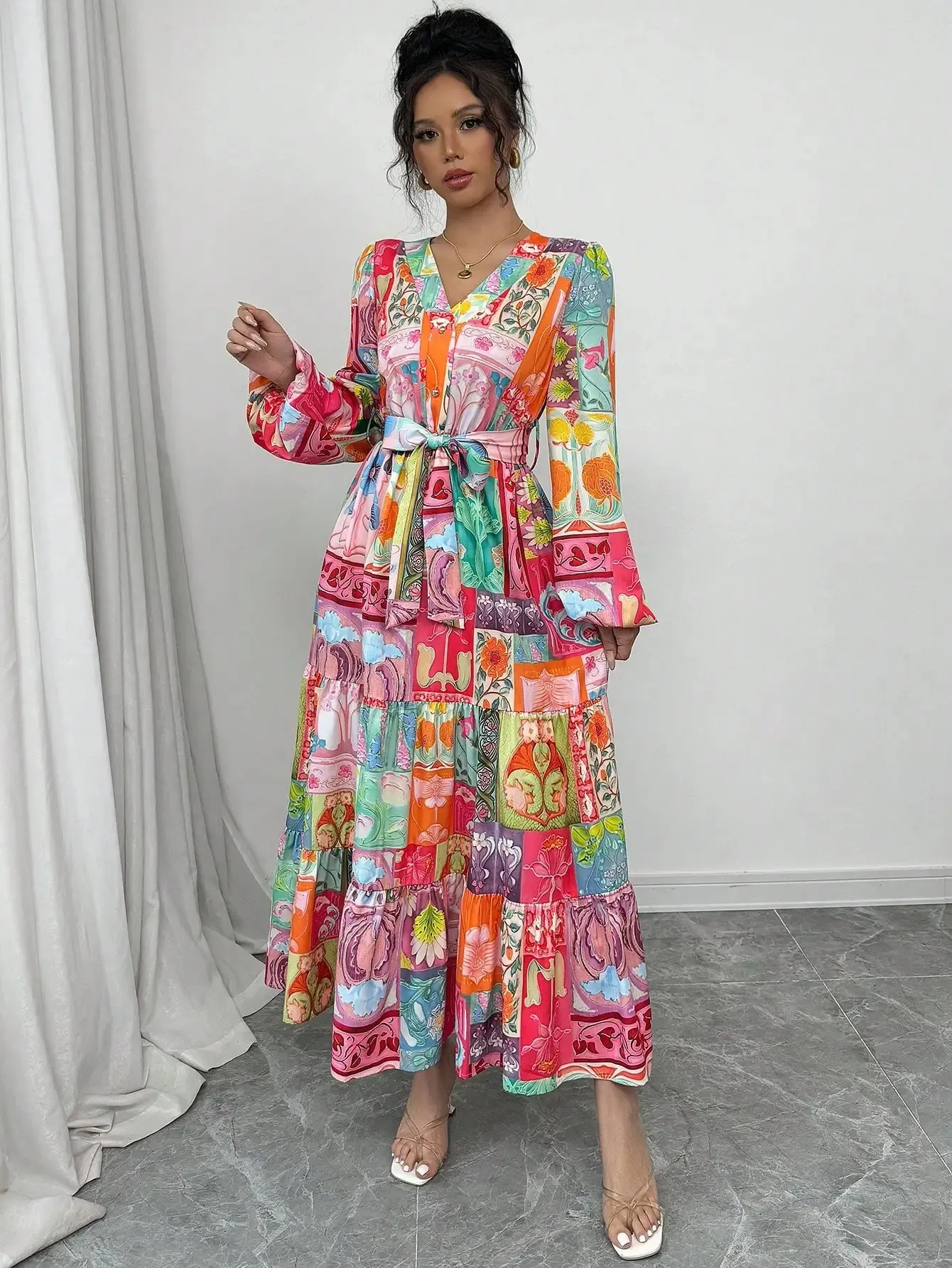 long sleeve holiday midi dress Womens Holiday V Neck Long Sleeve Floral Print... From Yyydhg202588888,  Rs.7,982.8