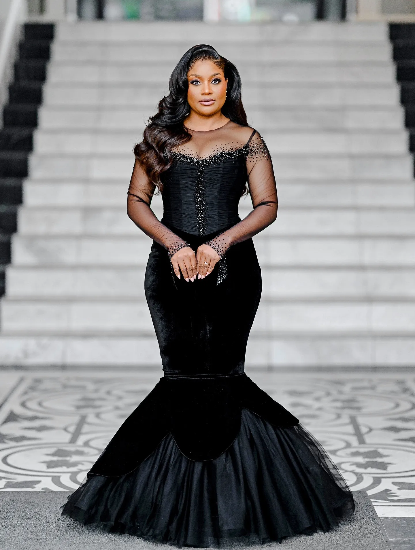 plus size black lace prom dress Lace-Sleeve La Femme Plus-Size Formal Dress