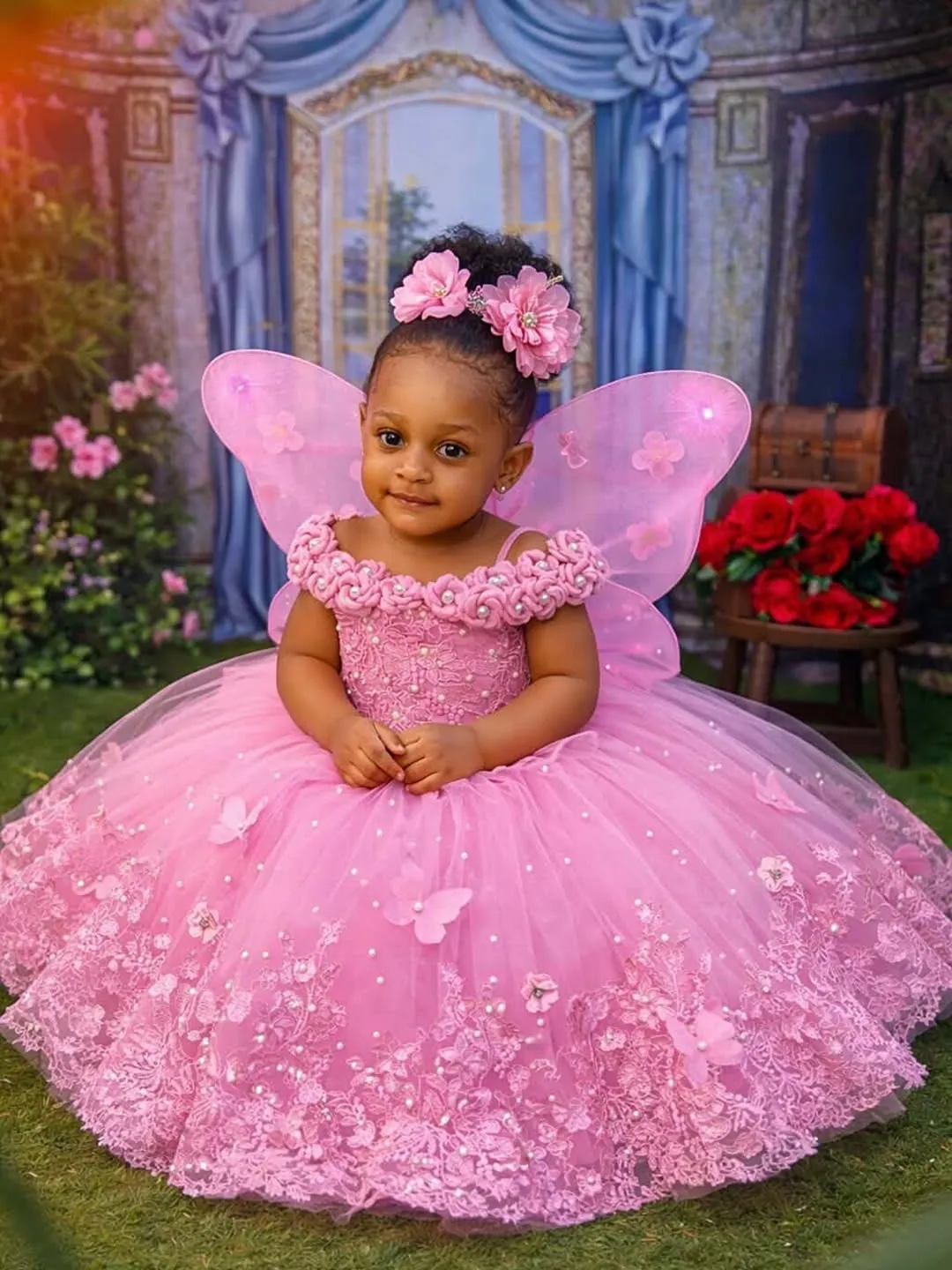 Hot Pink Flower Girl Dress, Off-Shoulder Ball Gown with Appliqued Floral Lace and Sequins, Birthday and Wedding Dress for Kids