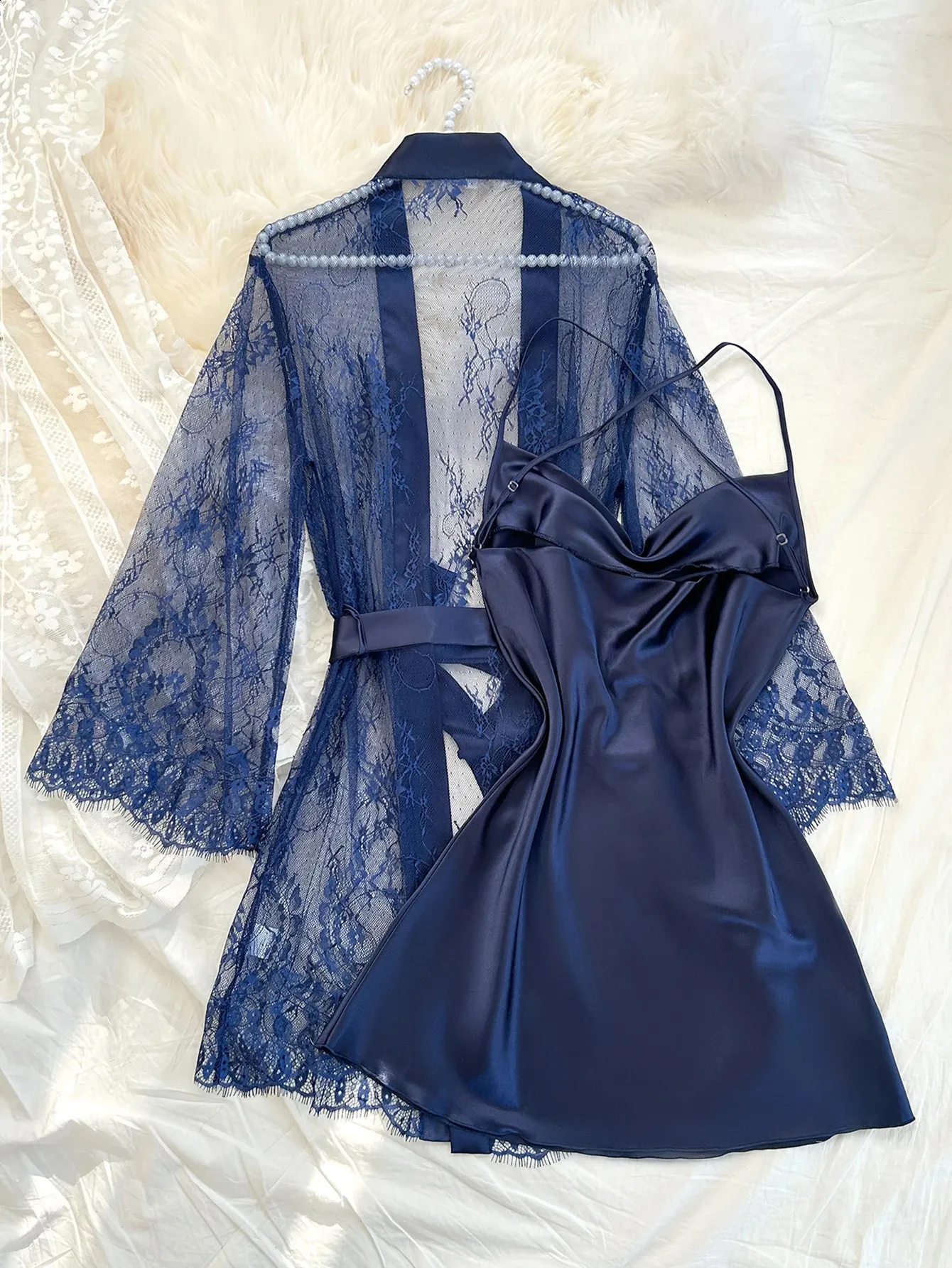 lace pyjama dress WHLBF Womens Plus Size Lingerie Women Silk Lace Robe Dress Babydoll Sleepwear Nightdress Pajamas Set Pink M(M)