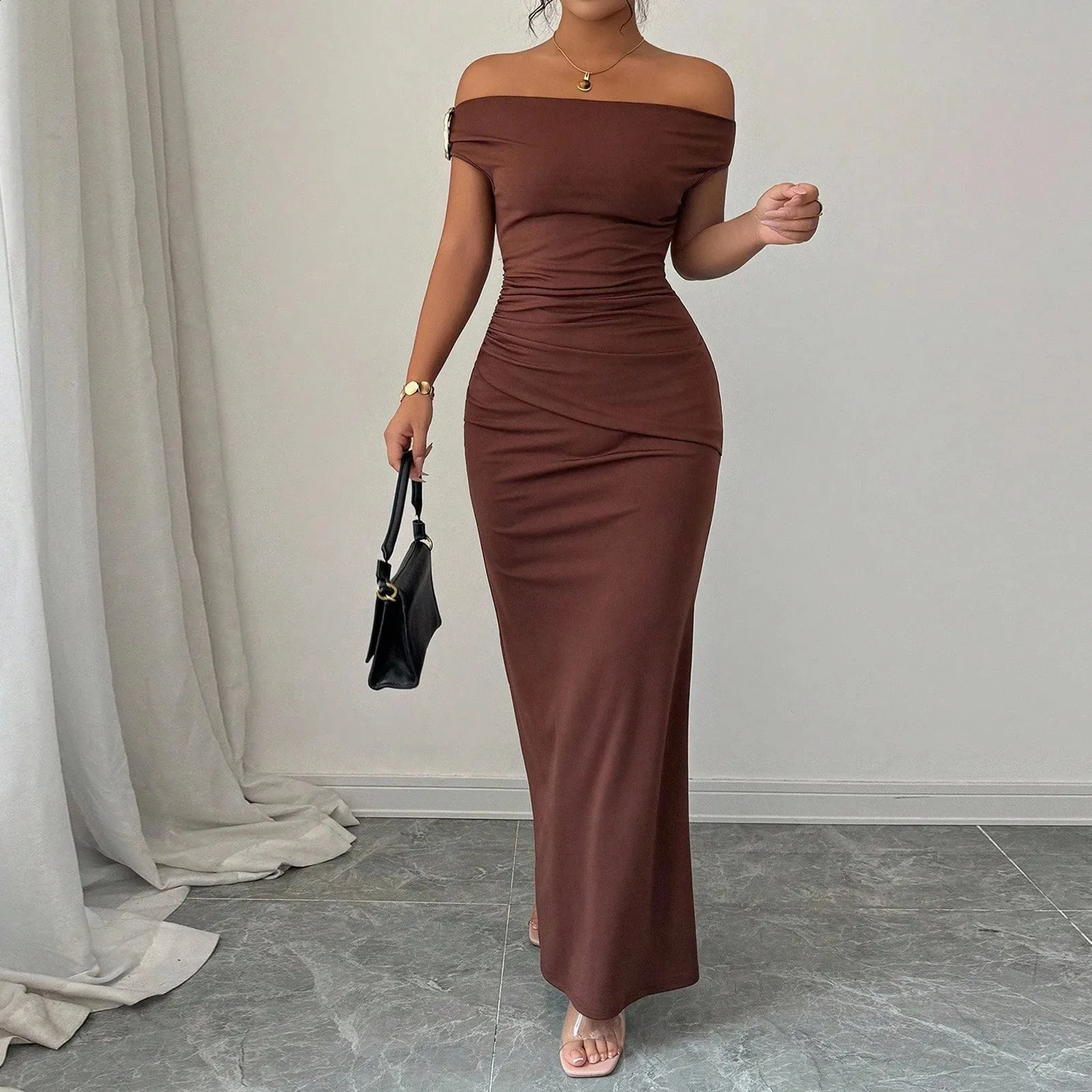 elegant women solid maxi dress ADYCE Burgundy Pleated Maxi Dress Wedding Formal Gowns Prom Bridesmaid Side Slit Asymmetrical Neck Long Sleeve High Waist Elegant Party Gala,XS