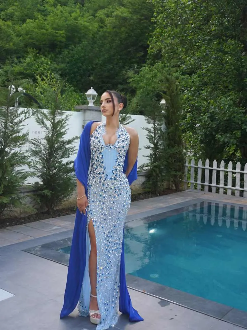 luxury designer prom dresses Luxury Beaded Blue Mermaid Feathers Prom Dress SS004