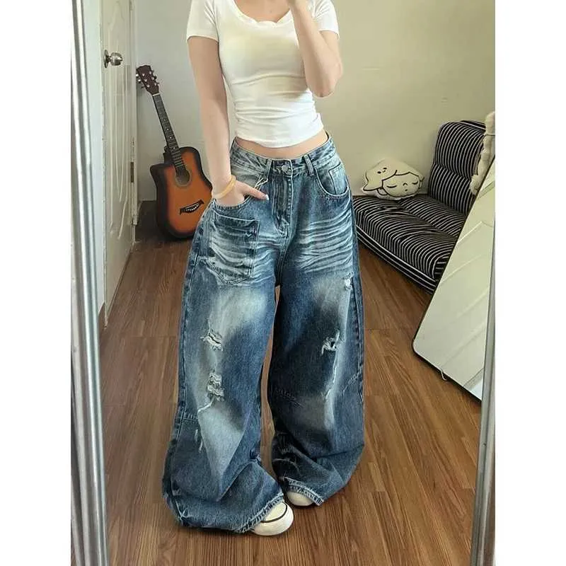 パンツ 2000s fake waist denim ZHIZOU Summer Women Jeans Punk Wide Fit Ripped Denim From