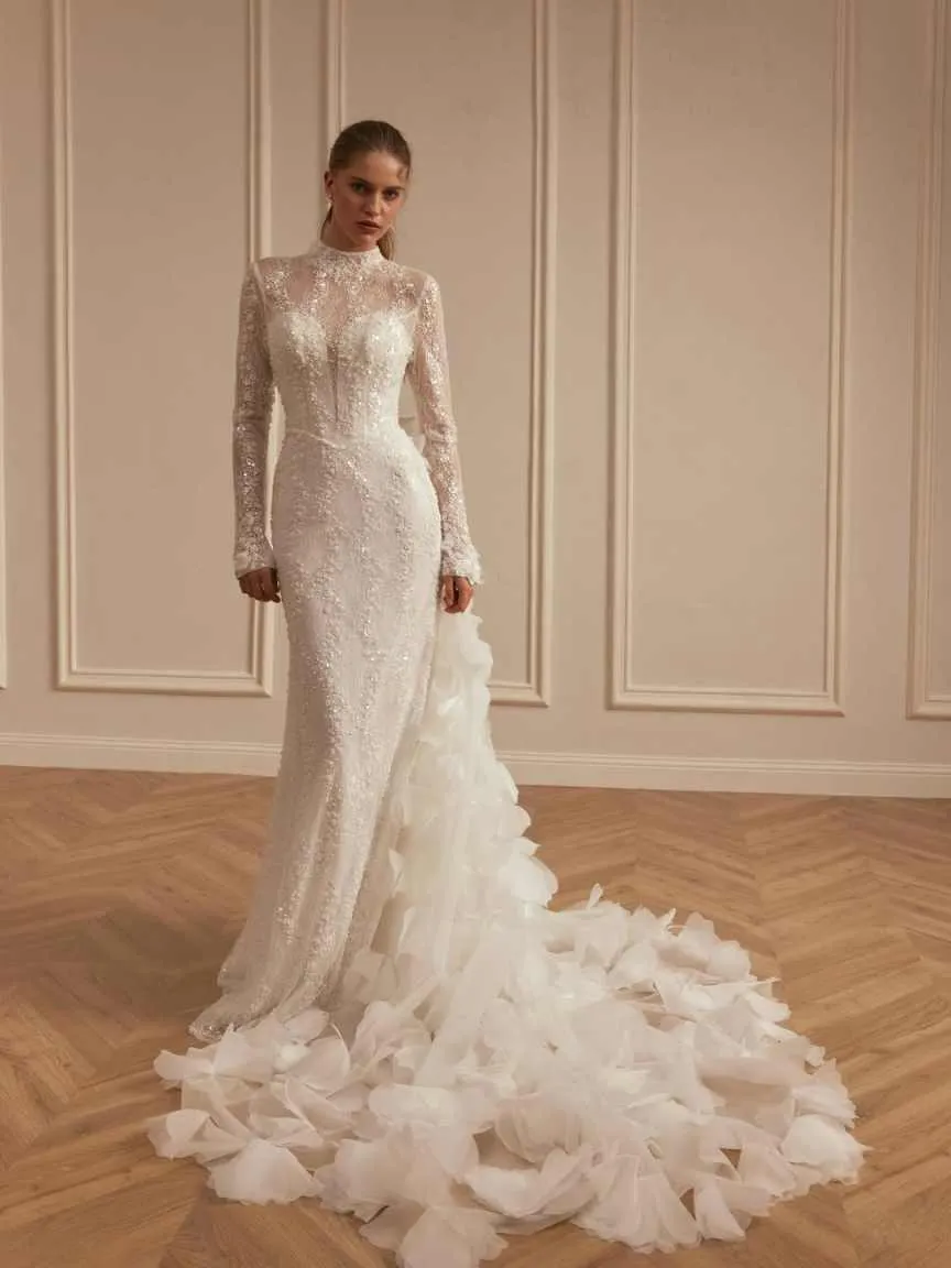 vintage high neck wedding dress Classy Long Sleeve HAREM's Brides 3D flowers Vintage Luxury Beaded Lace Ball