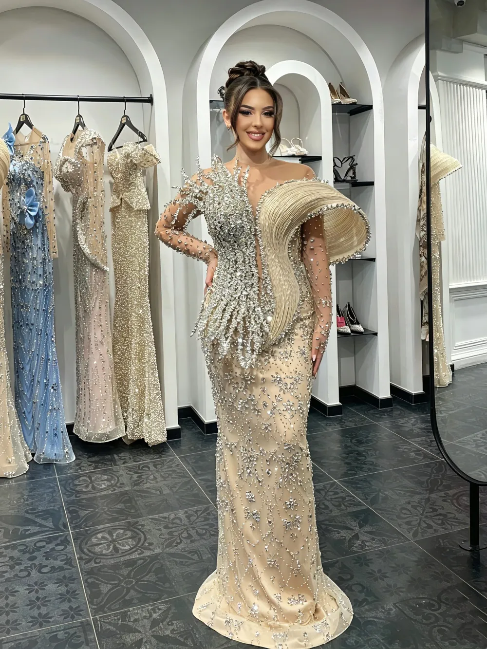 Princess Mermaid Prom Dress Handmade Crystal O Neck Evening Dresses Long Sleeve Floor Length Party Gowns Customized