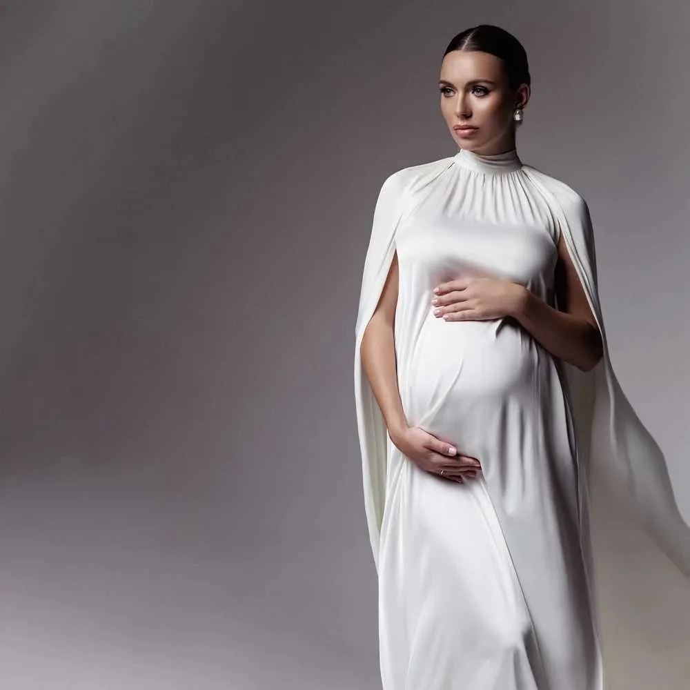 white maxi dress pregnant Beyond Yoga Featherweight Endless Summer neckline and long sleeves White Maternity Double Slinky Racker
