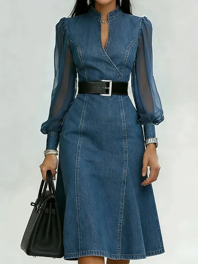 a line jean dress Vintage Denim Long Sleeve With... From Zara05, Rs.3,025.85 Color:CHAMPAGNE_B Sherri Hill Short Blue lehenga Women's clothing Pair this long sleeves