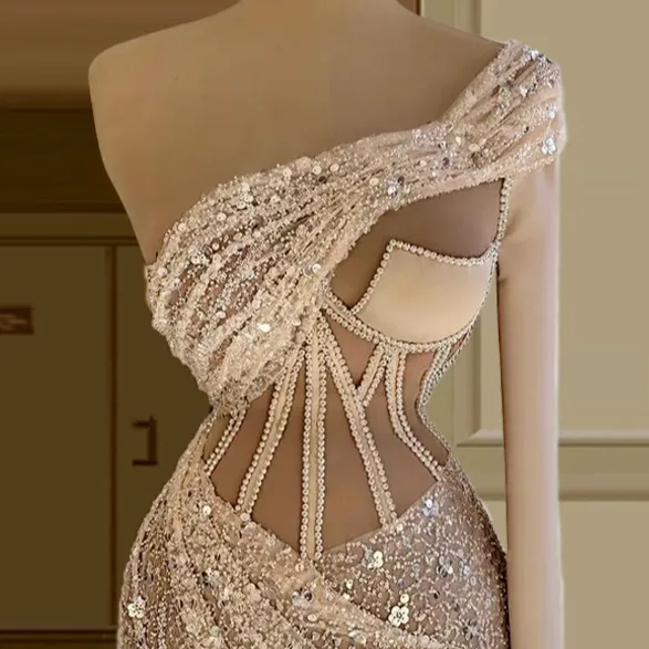 blush pink and gold prom dress Sequins Cocktail Dresses One Shoulder Prom... From Zyralcouture, Rs.17,186.31 Category_Baby Girl