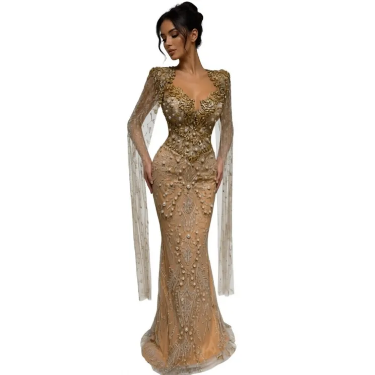 Elegant Gold Evening Dresses Long Sleeves Celebrity... From Kyurem, Rs.21,603.78