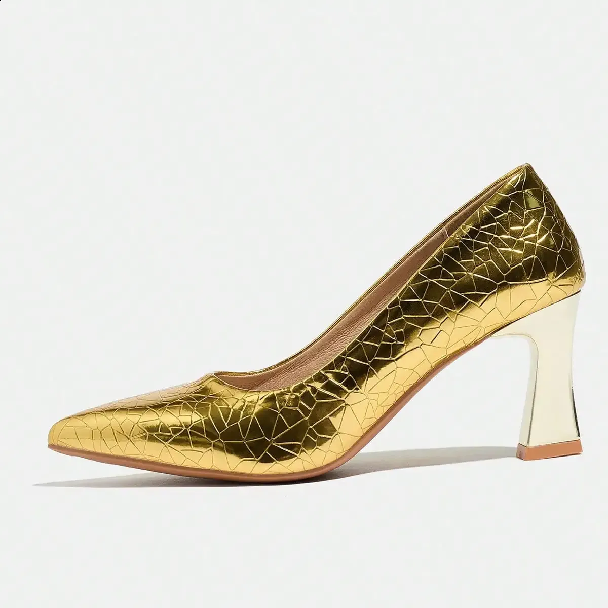 Elegant Gold Closed-Toe Block Heel Pumps for Women, Dress Shoes for Wedding and Party, Comfortable Evening Footwear