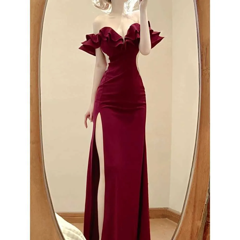 ultra high slit dress Long with Unique Design Fashionable and Niche Ankle-Length Ultra-Long Evening Gown Strapless Off-Shoulder Dress for Women L26713 Category_Ashford/Watches