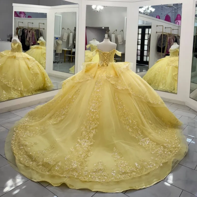 yellow gold dress for wedding Shiny Ball Gown Quinceanera Dresses Applique... From Zaomeng321, Rs.30,961.82 gold wedding dresses for older brides