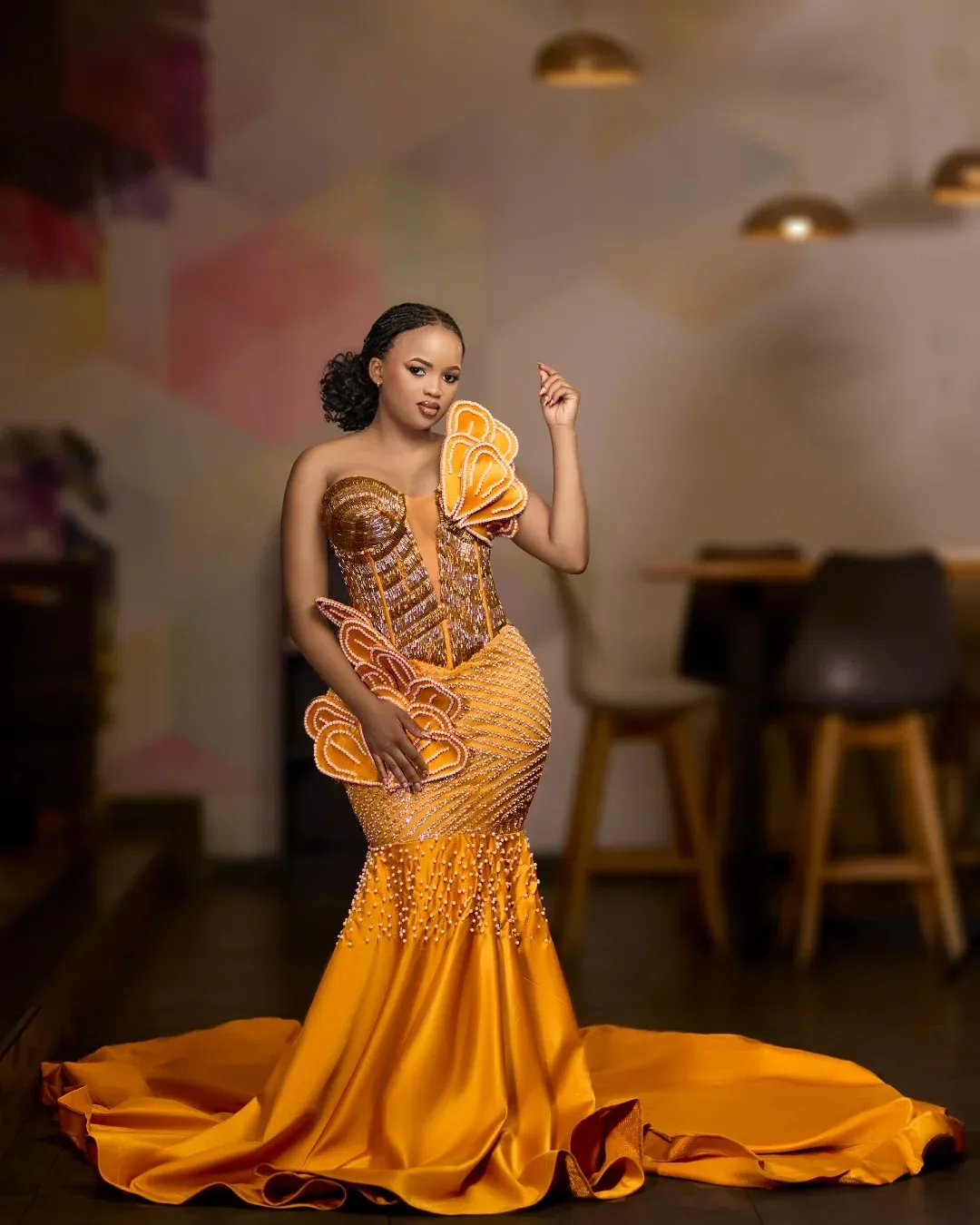 orange birthday dress plus size Yellow Prom Evening Dresses 3D Petal Flora Appliqued Crystals Beaded Sequined Lace Formal Gowns for Nigeria Black Women Evening gown
