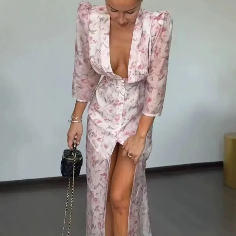 banquet dresses casual Women Fashion Printed Split Vacation V Neck... From Shewang06, Rs.4,841.9 neck:17-17.5 Y2K Vintage Gothic Formal versatile maxi dress Evening dresses summer and fall