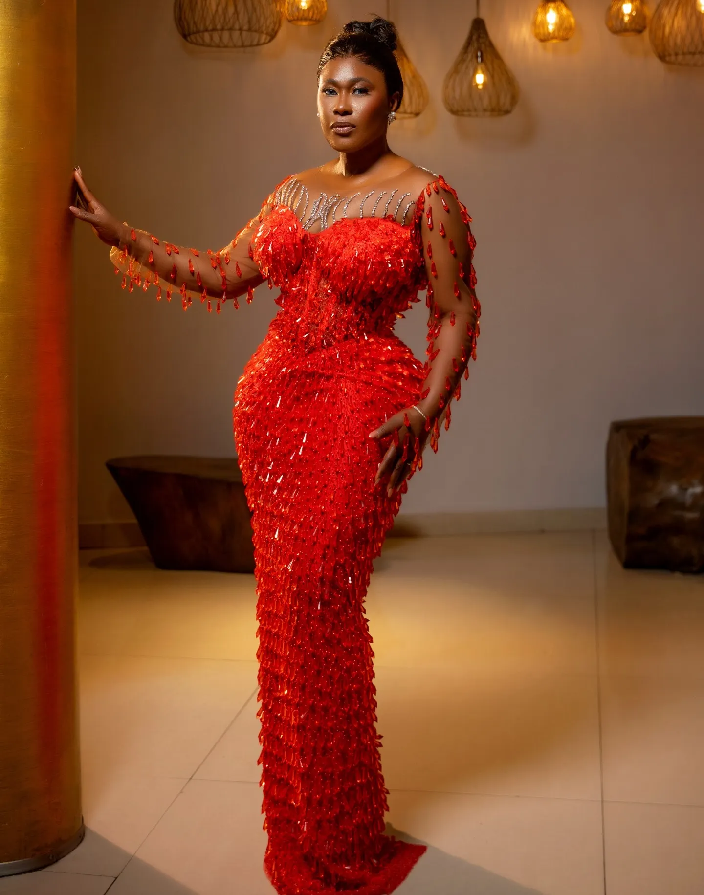 Plus Size Luxurious Red Mermaid Prom Dress Evening Dresses Sheer Neck Full Crystals Beaded Sequined Lace Formal Gowns for Nigeria Black Women Birthday 