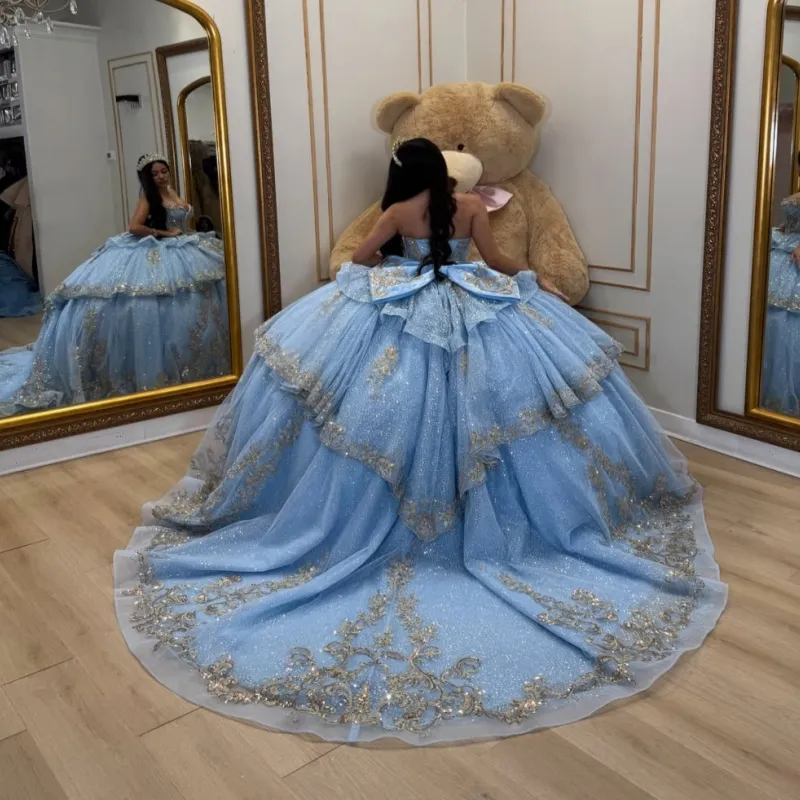 Blue Shiny Ball Gown Quinceanera Dresses Gold... From Zaomeng321, Rs.31,815.81