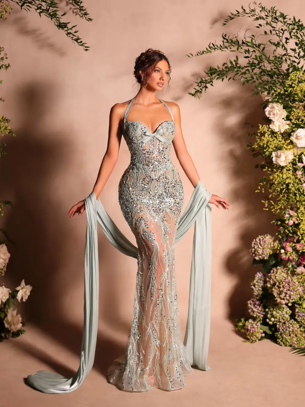 luxury custom embroidered formal dresses Haute Couture Beaded Embroidery Halter Evening Dress Mint Green Sexy Glitter Mermaid Prom Cocktail Gown Customized Ecom Style:MD1E209951