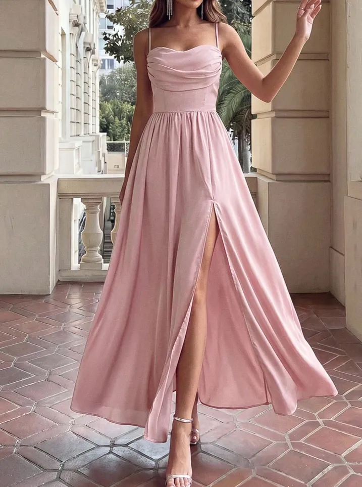 Spaghetti Strap Cowl Neck Satin A Line Evening Gown High Side Slit Criss Cross Lace Up Back Flowy Floor Length Formal Dress For Prom Holiday Night 