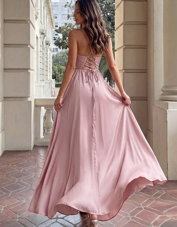 satin a line dress with strappy lace up back Spaghetti Strap Cowl Neck Evening Gown High Side Slit Criss Cross Flowy Floor Length Formal For Prom Holiday Night A-line Stretch Rayon Dress going out mini dresses Fitted Corset Bodice Size:Made to Measure