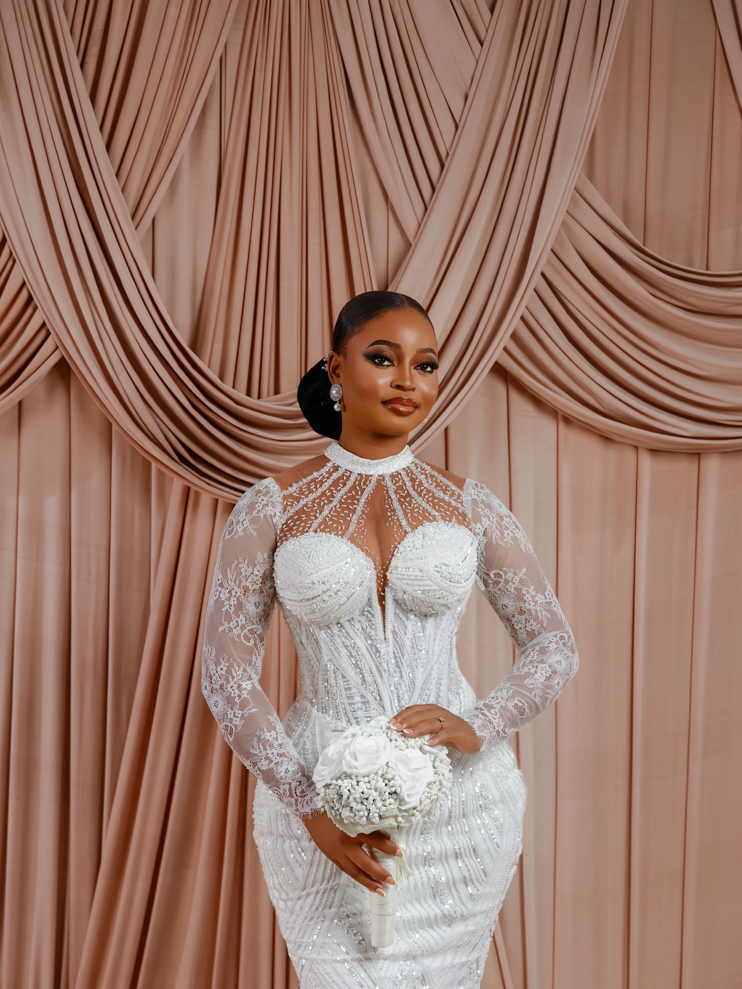 white beaded dress plus size Off Wedding Bridal Gowns For Bride Mermaid High Neck Illusion Pleated Long Sleeves Lace Pearls Ruffles Wedding Gowns For polluting earth cosplay store Women's Petite Blue Denim Waist Size:65- 77 cm