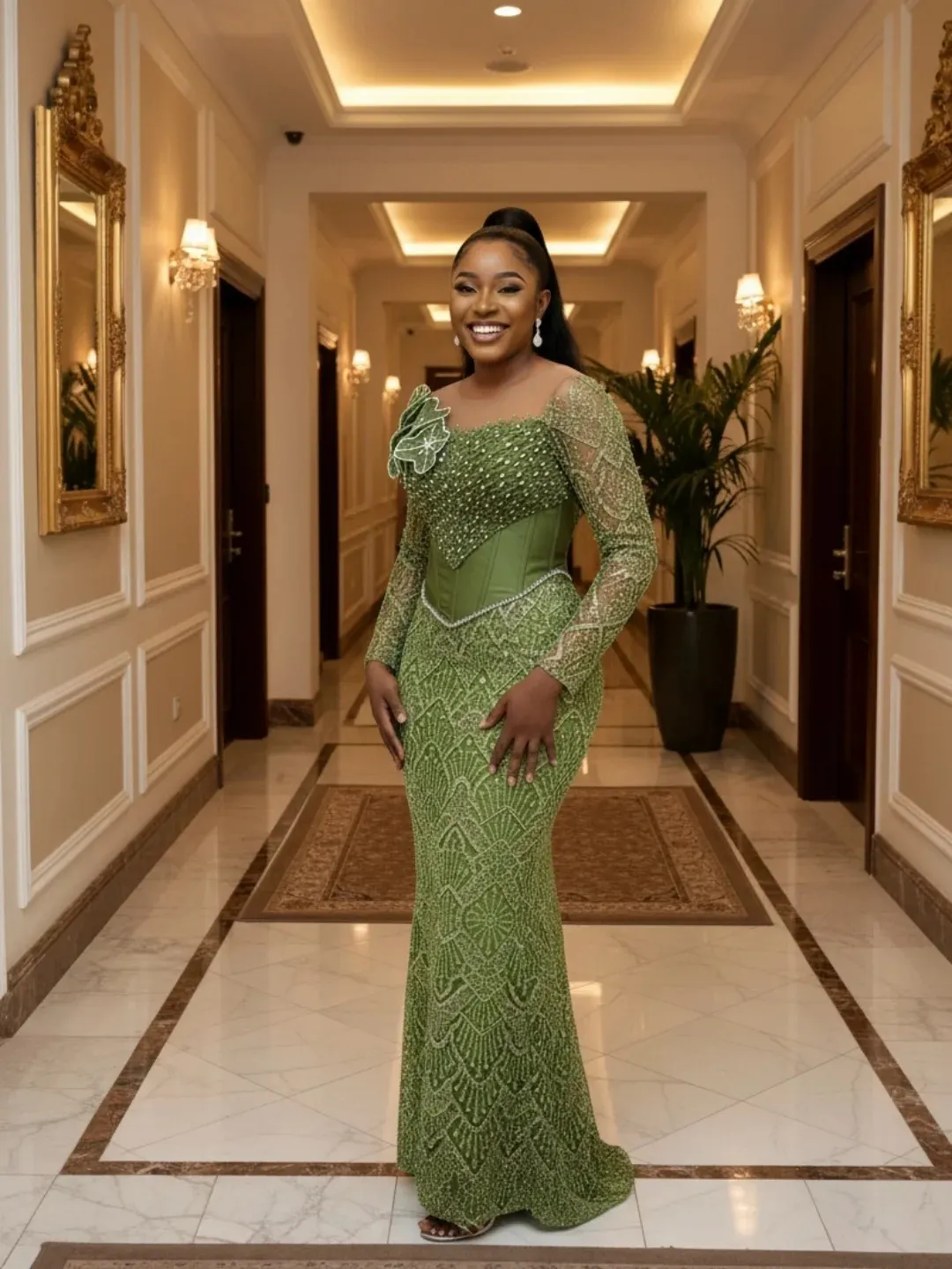 Plus Size Lime Green Mermaid Prom Dress, Sheer Neck Beaded Sequin Lace Evening Gown, Formal Birthday and Second Reception Dress