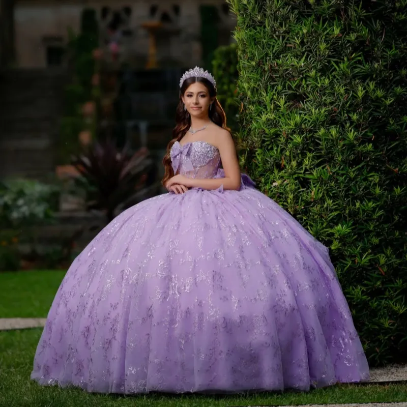 purple quince dresses Lilac Glittery Tulle Lace Appliqued Off Shoulder Quinceanera f feminine effect Purple princess ball gown quinceanera