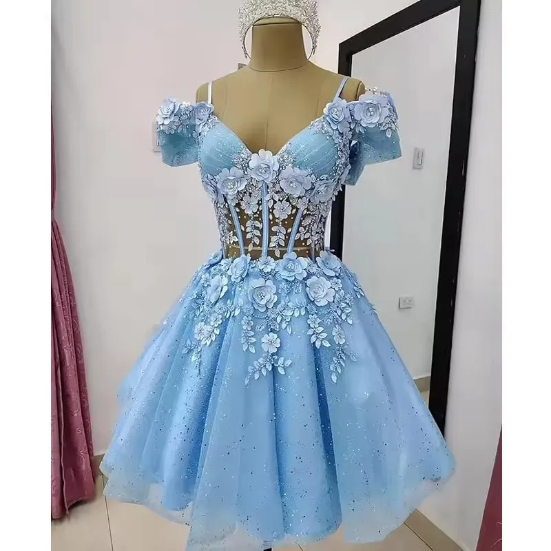 Light Sky Blue Lace Off Shoulder Mini Dress, Floral... From Charm_custom_dress, Rs.10,482.75