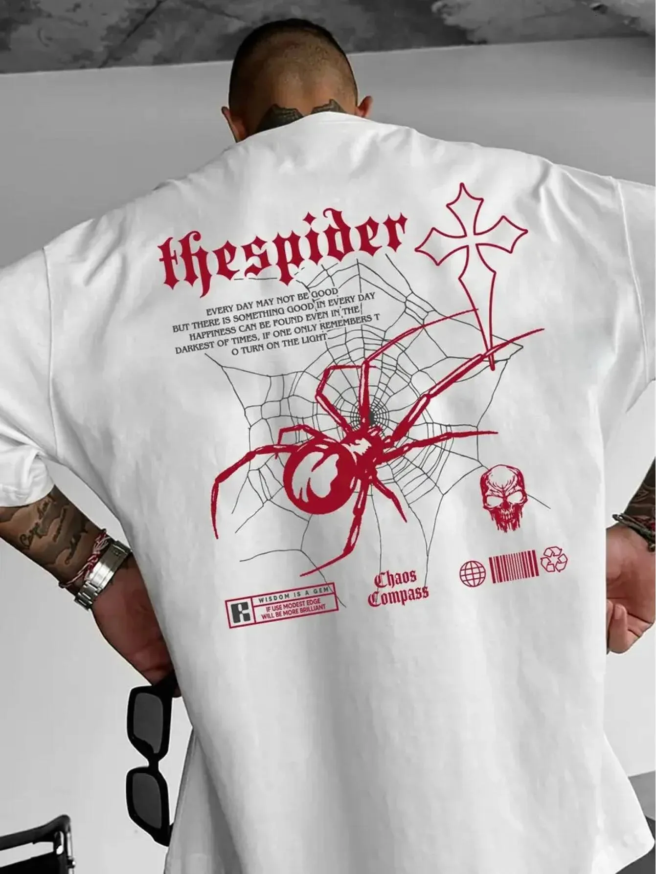 Wholesale Red Spider Web Gothic Graphic Print Mens T Shirt