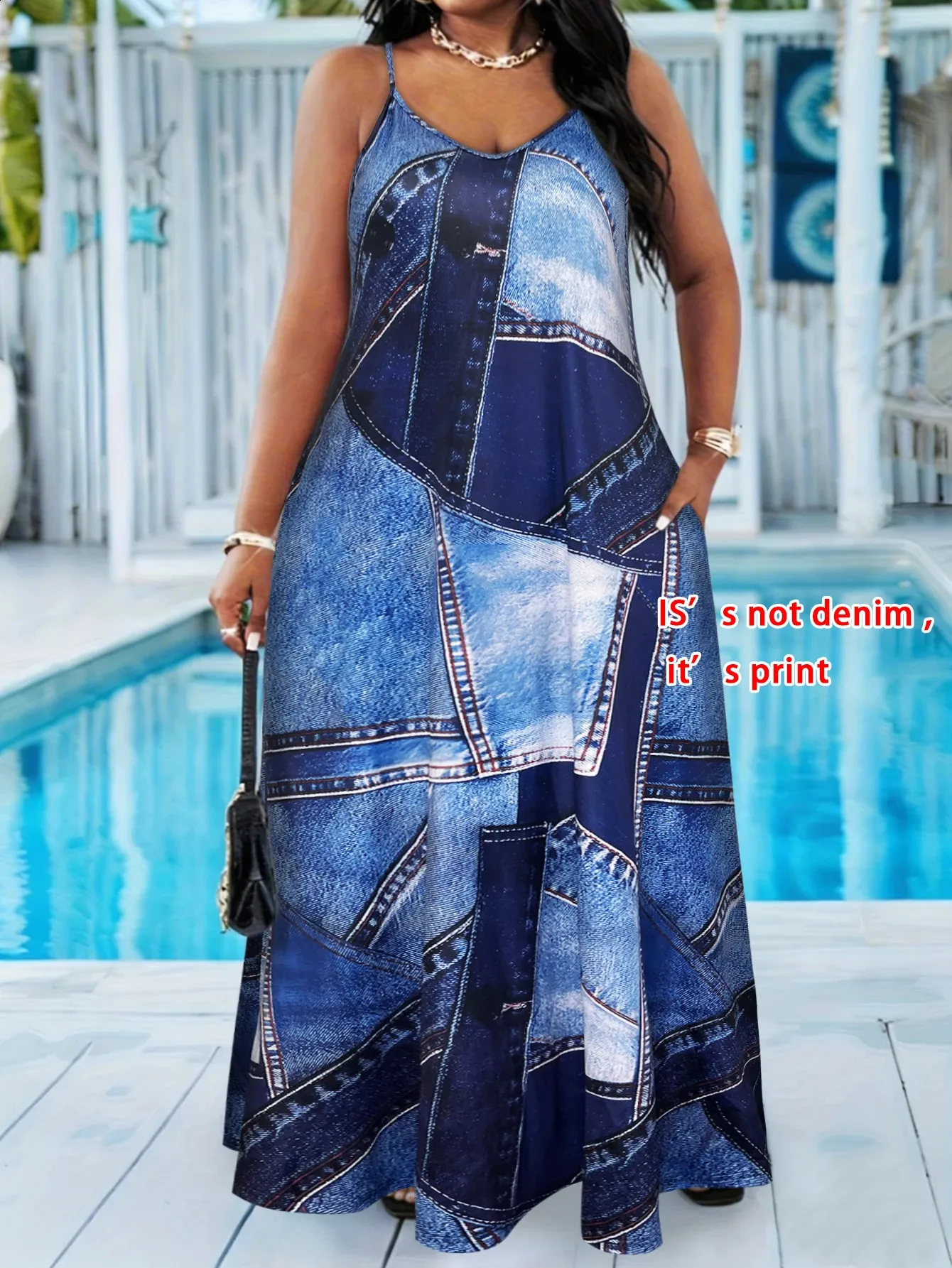 Plus Size Faux Denim Patchwork Print Maxi Dress, Spaghetti Strap, Scoop Neck, Loose Fit Sundress with Side Pockets