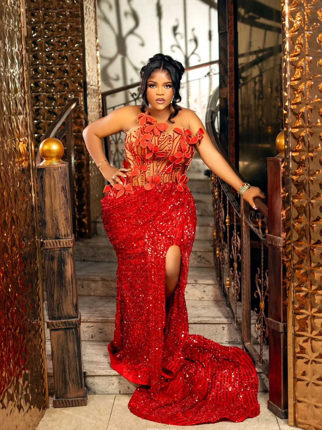 red and gold plus size prom dresses Mermaid Dress, Illusion Lace, Side Split, Sequined Crystals, Evening Party Gown for Black Women, Formal Birthday Dress new-f21