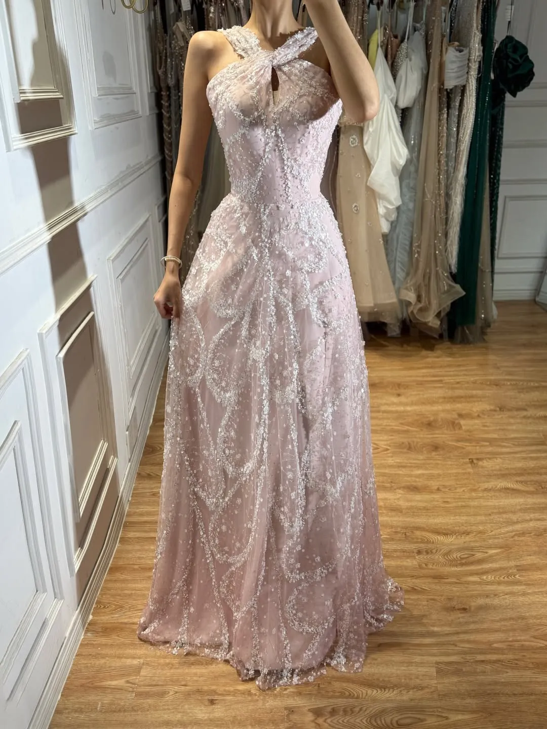 Charming Beaded A Line Prom Dress Halter Neck... From Customtailor, Rs.24,514.34