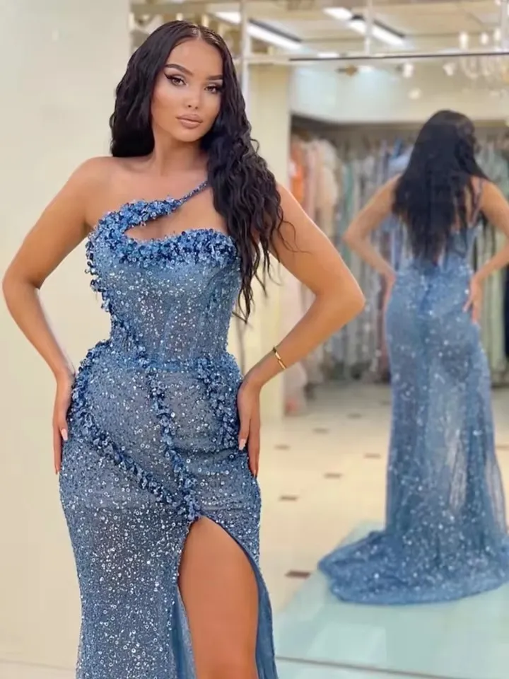 Dusty Blue Single Shoulder Sequined Glitter Evening... From Charm_custom_dress, Rs.13,411.72