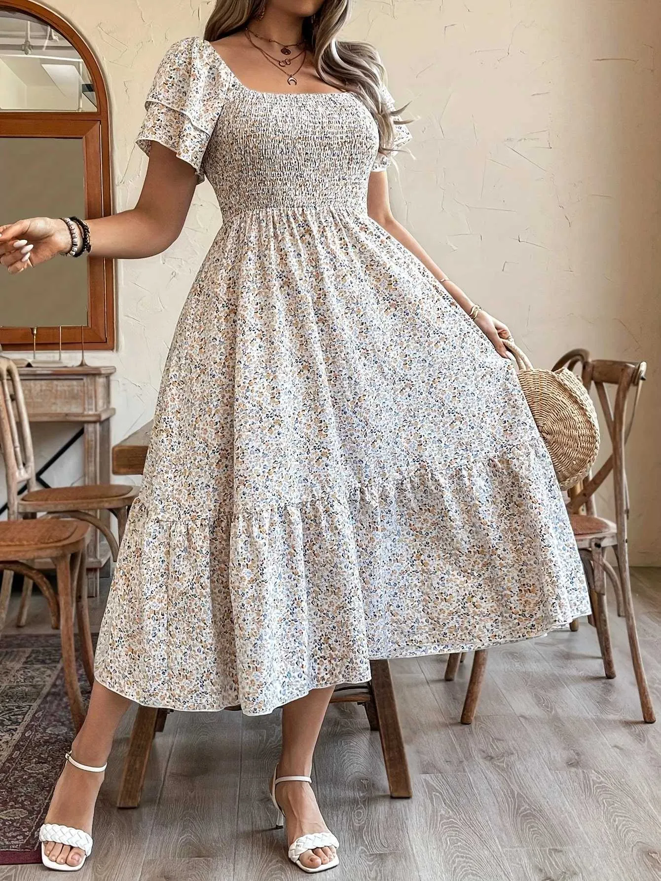 plus size casual holiday dresses Romantic Floral Print Square Neck A Line... From Paris_012, Rs.360.83 In Bulk Couture-Old-Tag