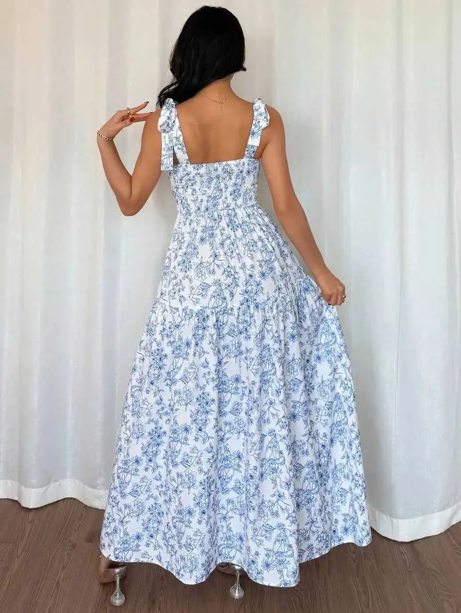 french elegant lady dress Pleated Flounce Floral Print Long Sleeveless V-Neck Ruffled Summer Dress, Light Blue Gown for Ladies occasion:Casual Weekend
