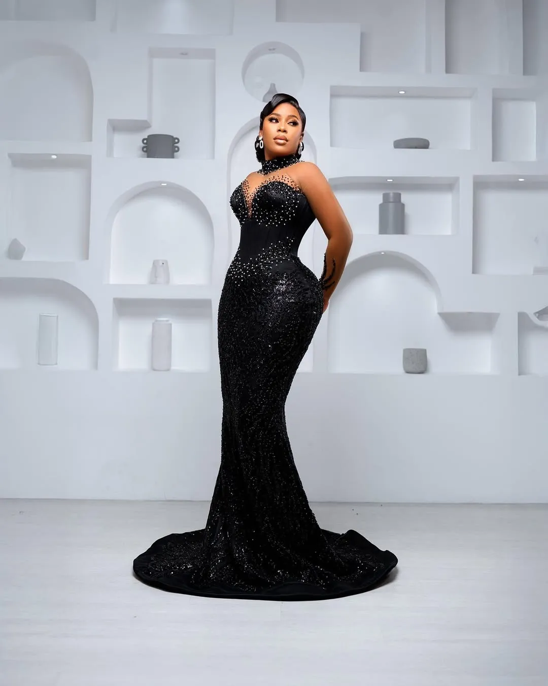 plus size black fishtail dress Mermaid Prom Dress, Illusion High Neck, Sequined Lace with Crystals, Formal Evening Gown for Women, Party and Birthday Occasion, 2026 Show Me Your Mumu inspired element to the Fabric:Lace Warm weather outfit