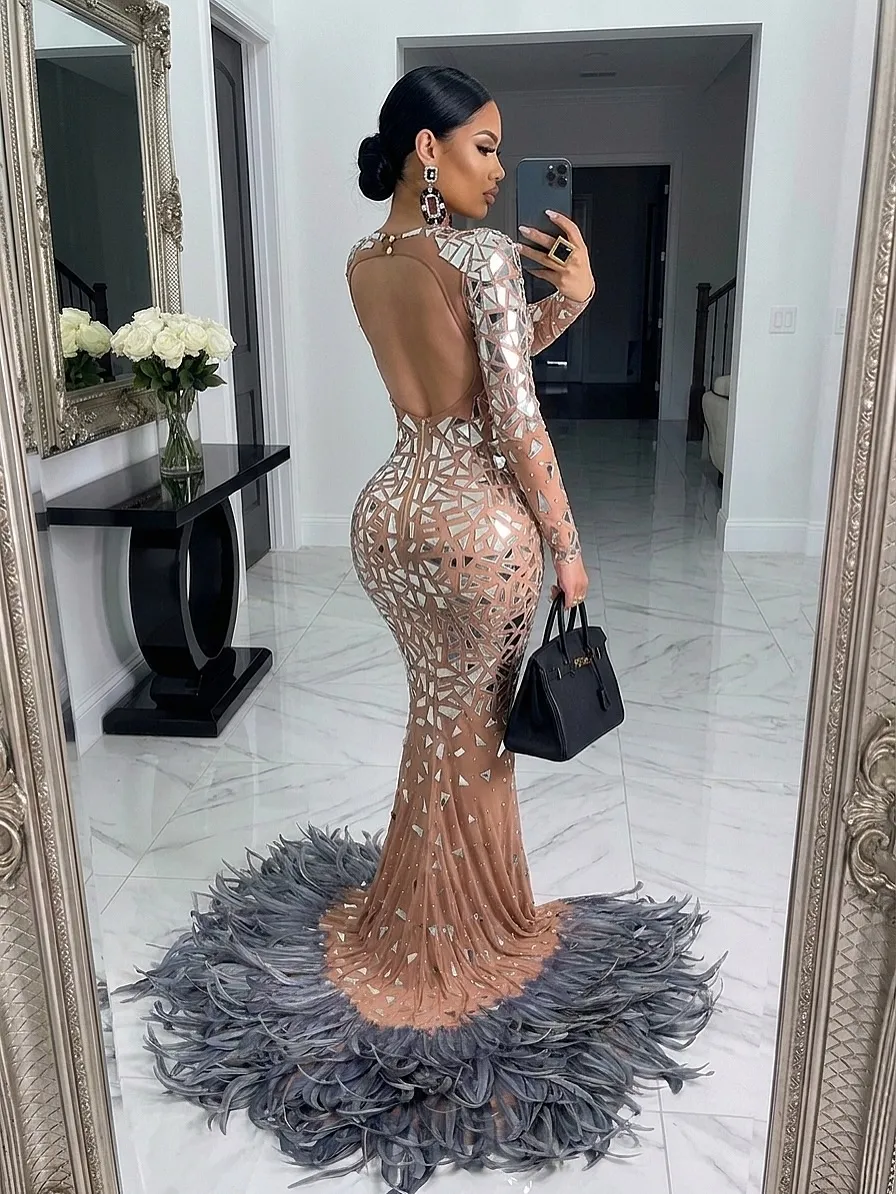 Grey Feather Mermaid Prom Dress Mirror Sequin... From Dreamcode, Rs.77,505.91