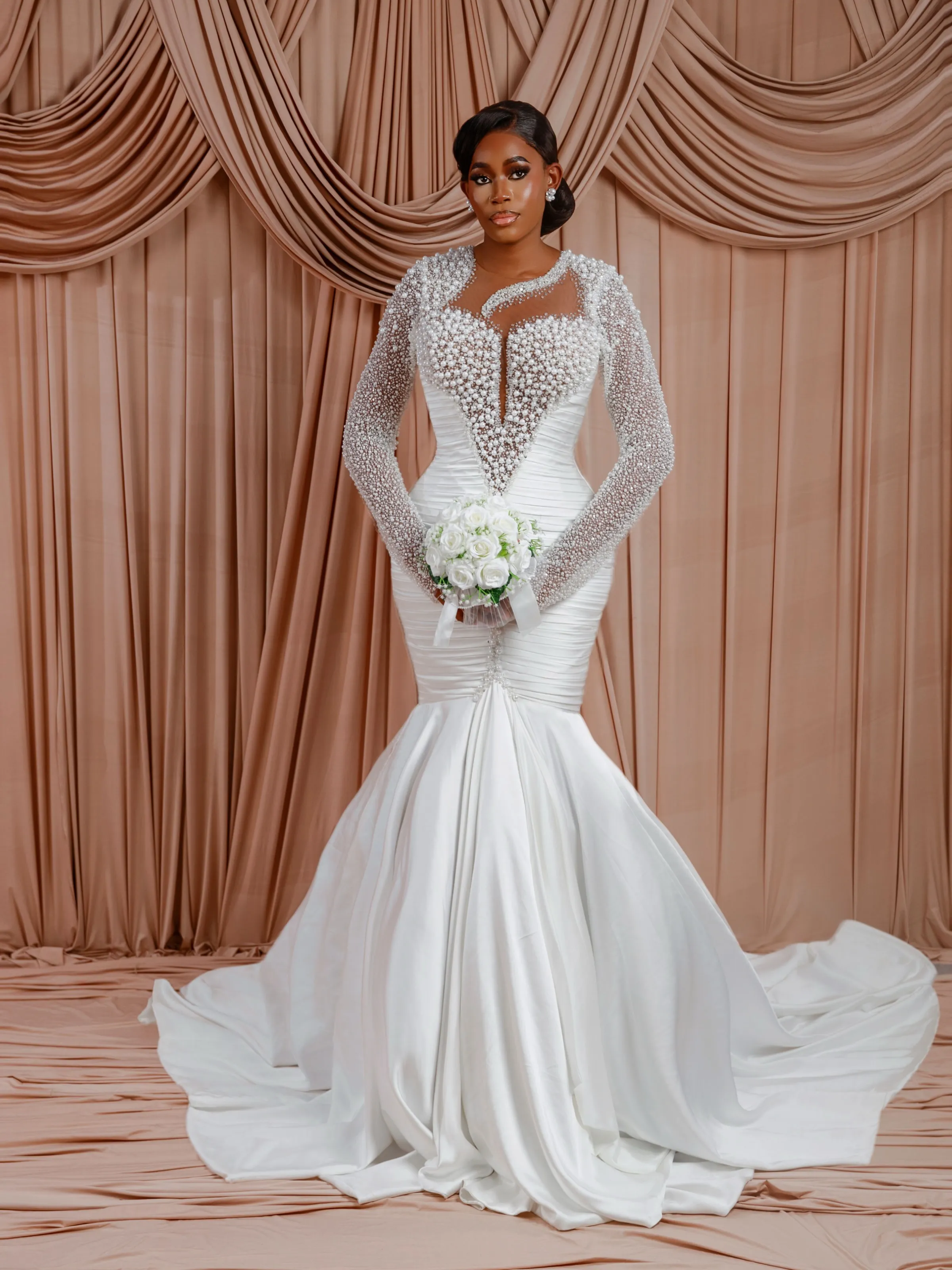 beaded lace wedding dress with pleated skirt Plus Size Off White Mermaid for Bride, Full Pearls, Skirt, Sheer Neck, Long Sleeves, Rhinestones Bridal Gown Button Back Embellishment BLACK17 Dress Like 90s Party Size For Kids:4y