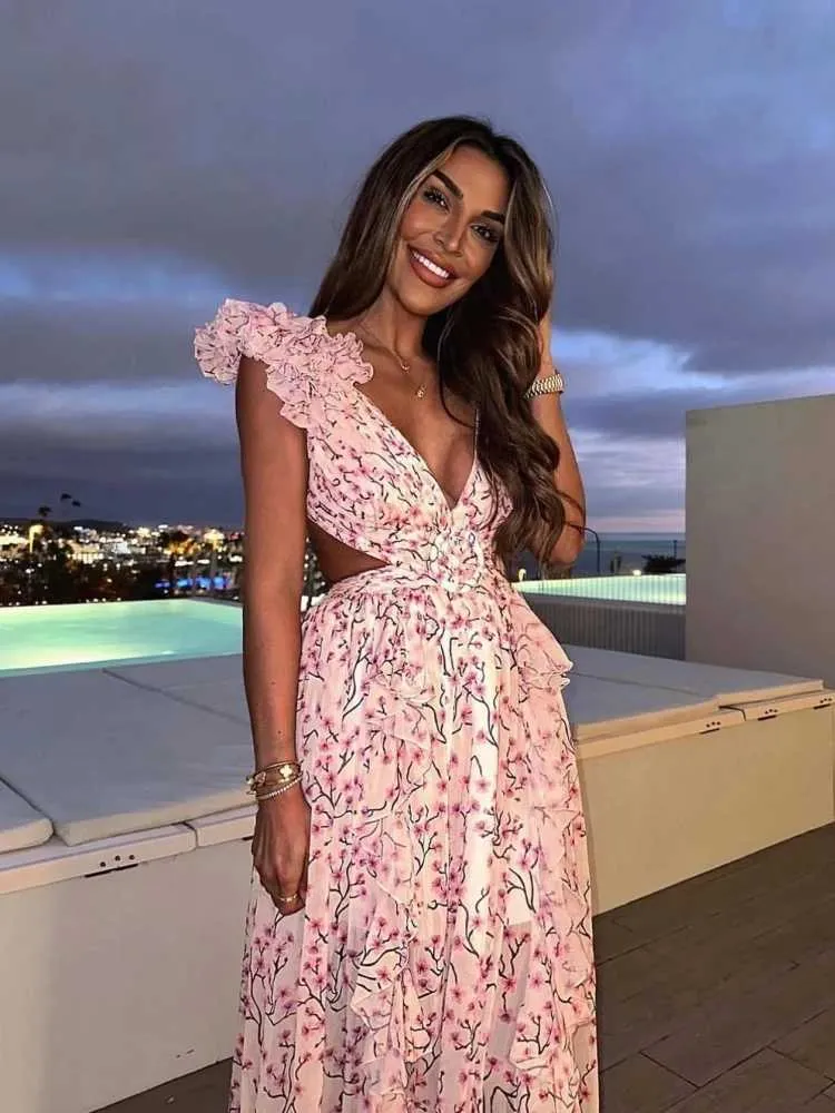holiday party dress sexy Womens Dress, V-Neck Backless Floral Ruffle Long Dress, Blue Pink Sleeveless Hollow-Out Print with Side Split timeless women’s midi dress