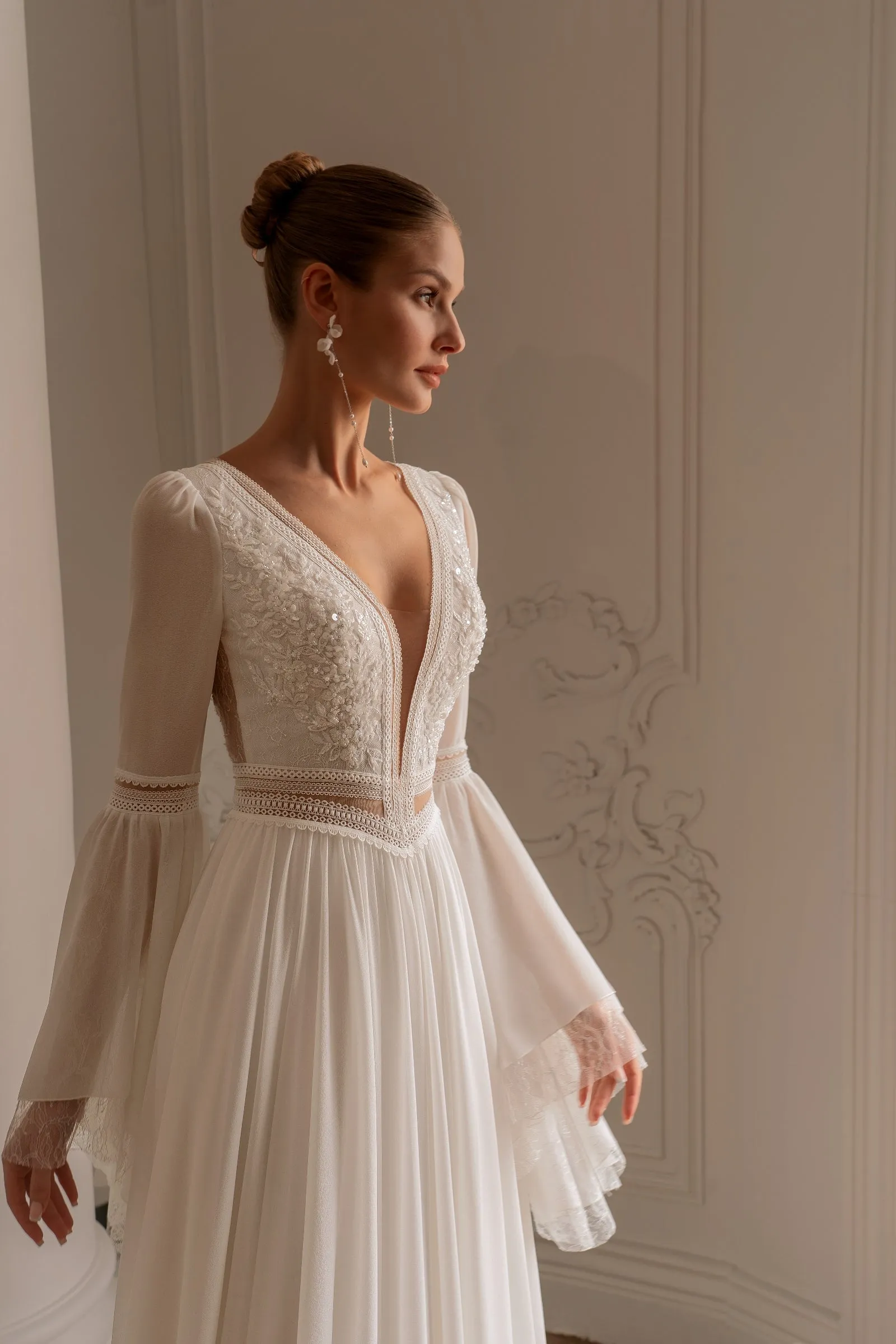 Luxury White Boho Wedding Dress With Deep V Neck Lace... From Amaretti, Rs.22,636.71