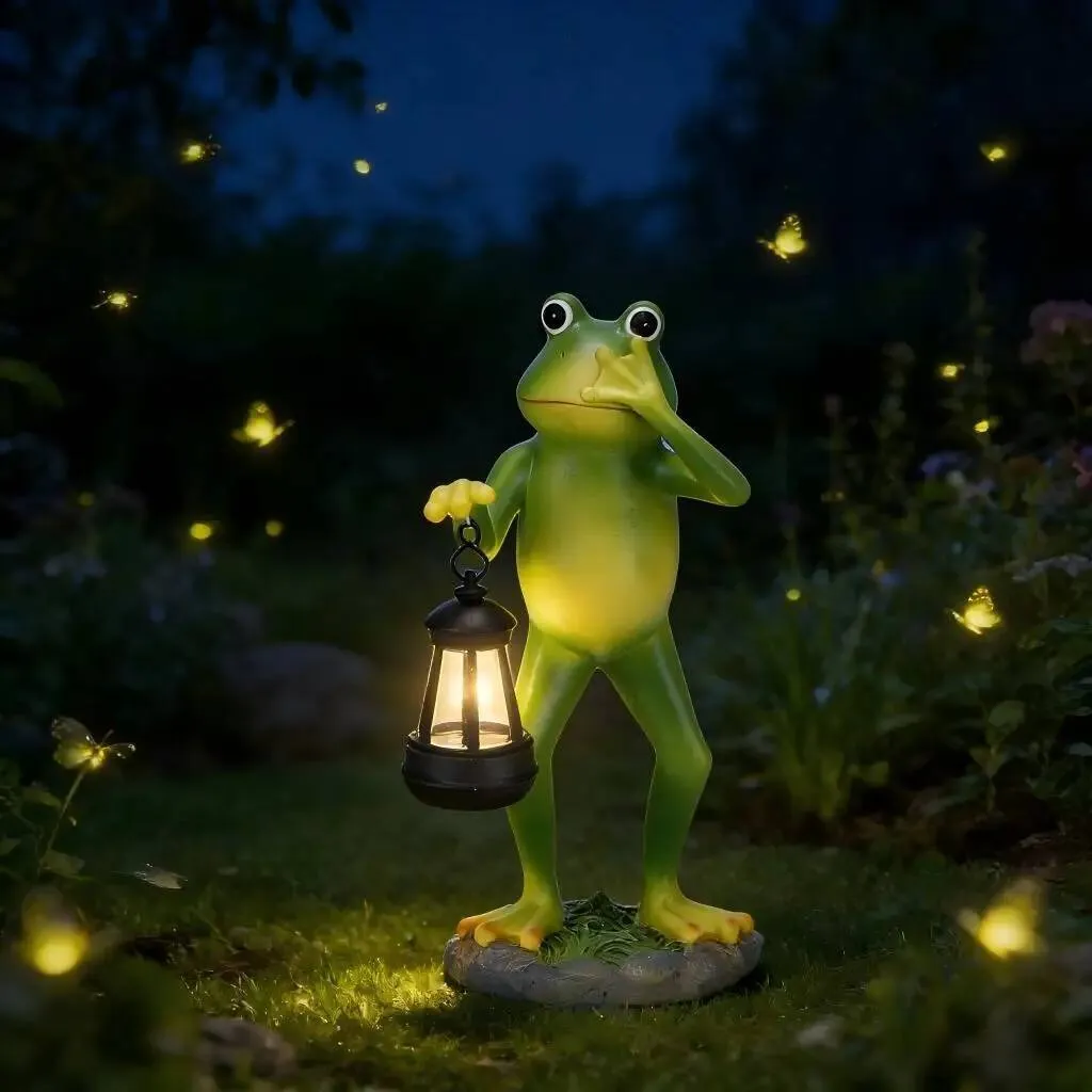 Solar Frog Landscape Lamp – Resin Statue With Hat, Grey Color, 12x10.5x16cm, Outdoor Garden Decoration With Solar LED Light