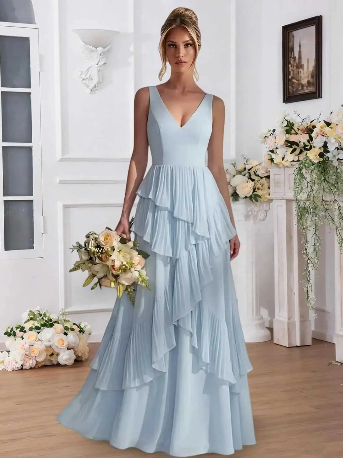 customized bridesmaid dresses A Line Chiffon for Women V Neck Ruffles Sveless Long Formal Prom Evening Gowns S260730K4E2 Wedding guest dress