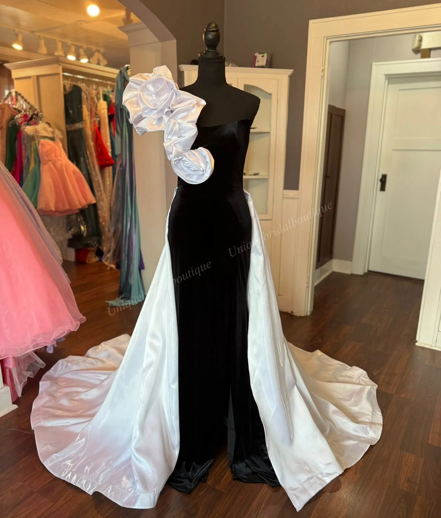 black and hot pink wedding dress Black Hot Pink Velvet Prom Dresses One Shoulder 3D... From  Uniquebridalboutique, Rs.10,893.87