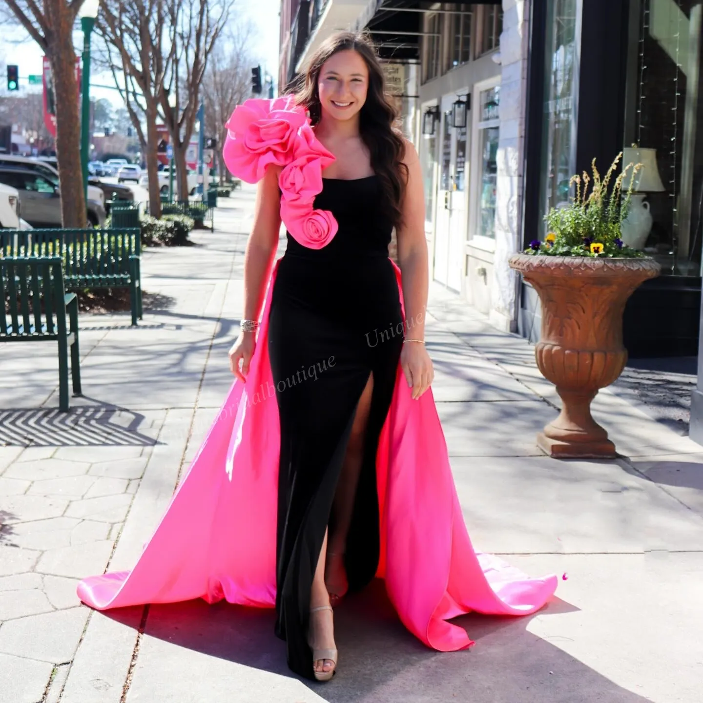 black and hot pink prom dresses Black and Hot Pink Satin Off-shoulder Prom Ball Gown