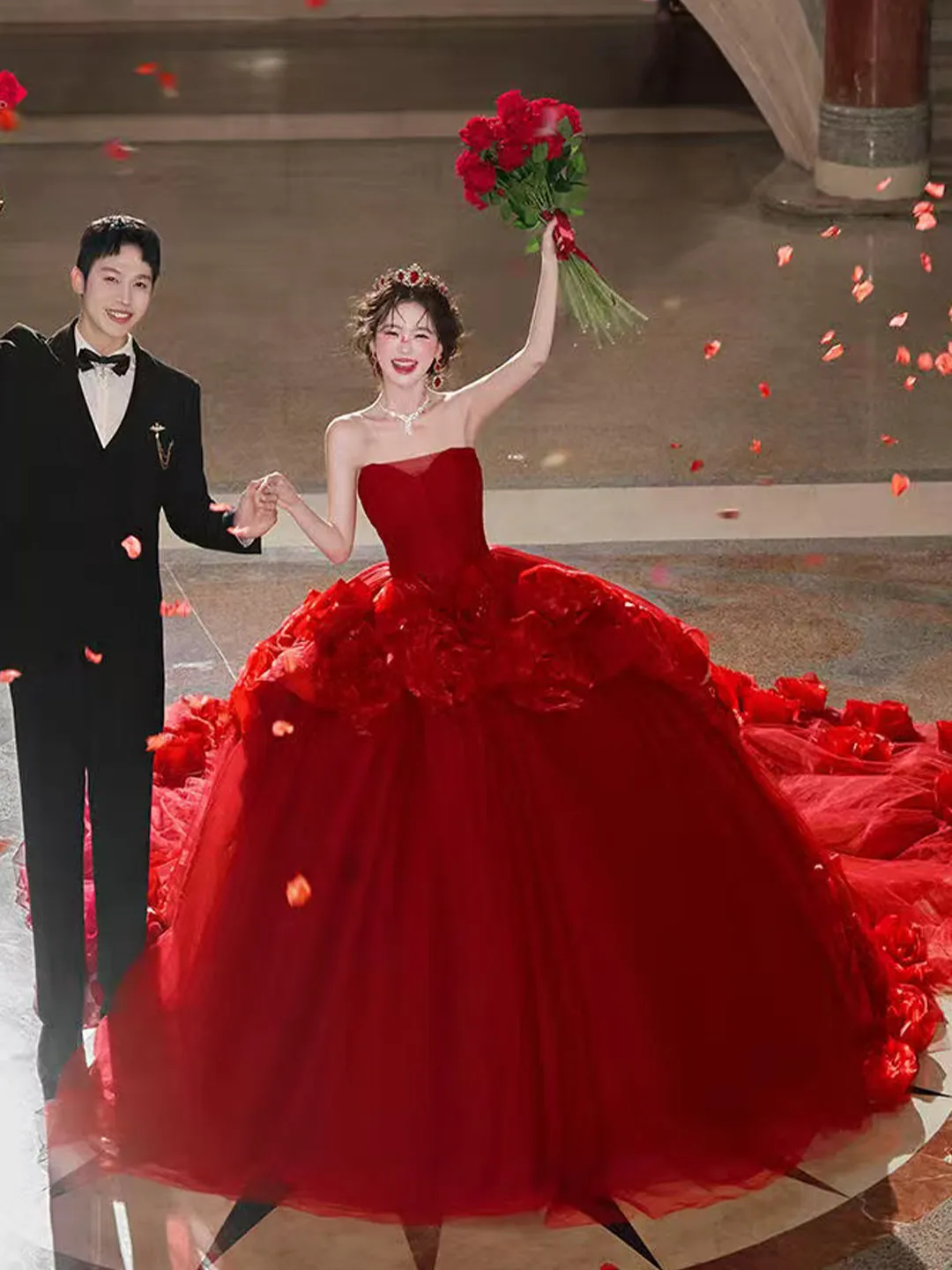 red formal dress with train Strapless Evening Dark Ball Gown Handmade Flowers and Sweep 2026 Collection from Dhgate Prom Dresses elegant red prom dress