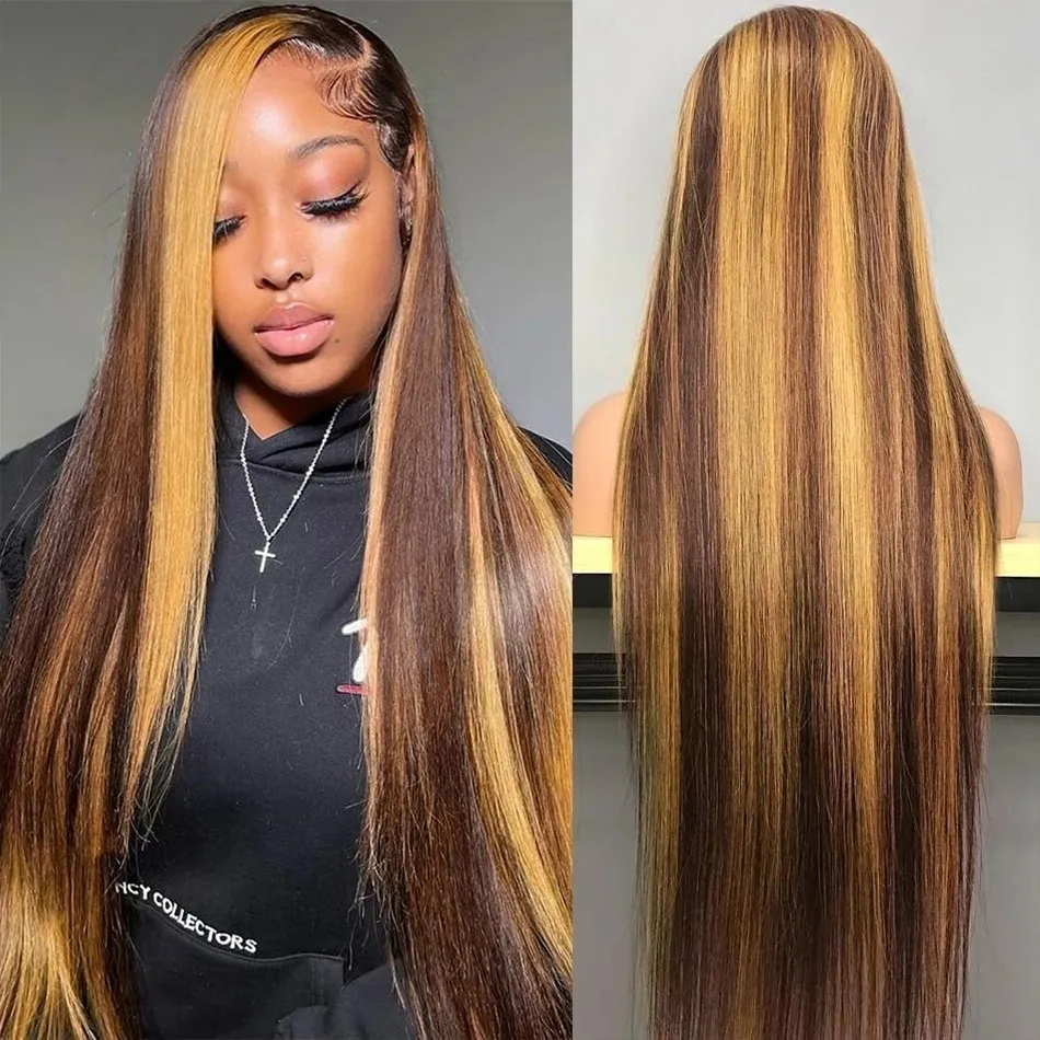 Women\'s copper blonde Glueless Synthetic Lace Front Pre-Plucked Hairline 28 Inch Highlight Wig Human Hair Bone Straight Lace Front Wig  main image 4