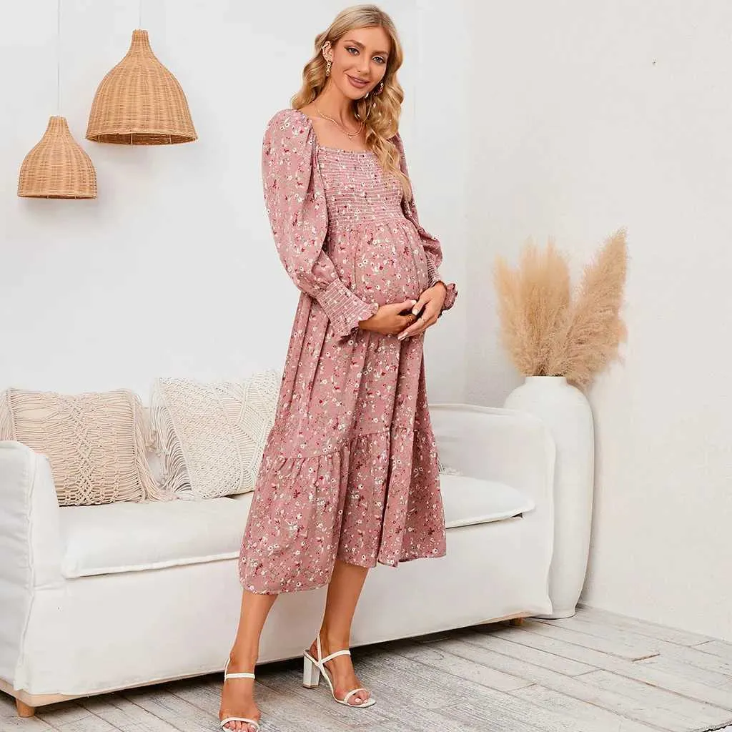 spring pregnancy dresses Wassery Spring Fall Casual Maternity Dress Pregnancy Dress Women Breastfeeding Dresses Long Sleeve Square Neck Pleated Floral Long Dress