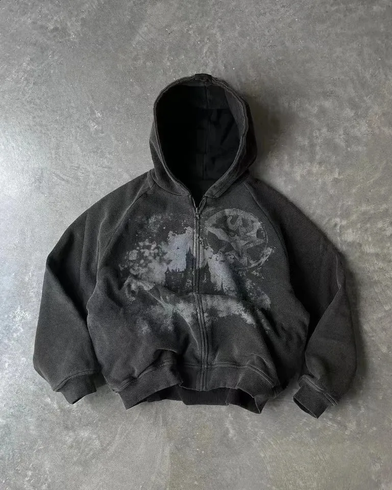 Goth Mens Zip Up Washed Black Hoodie With Anime From Zuyins