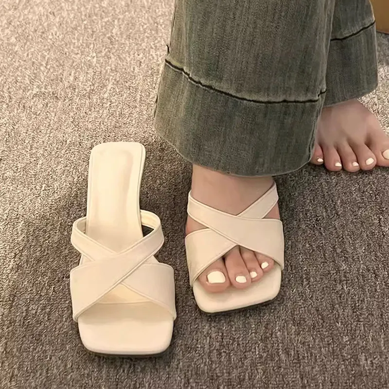 Women's White Cross Strap Mule Sandals Open Toe Kitten Heel_voghion.com