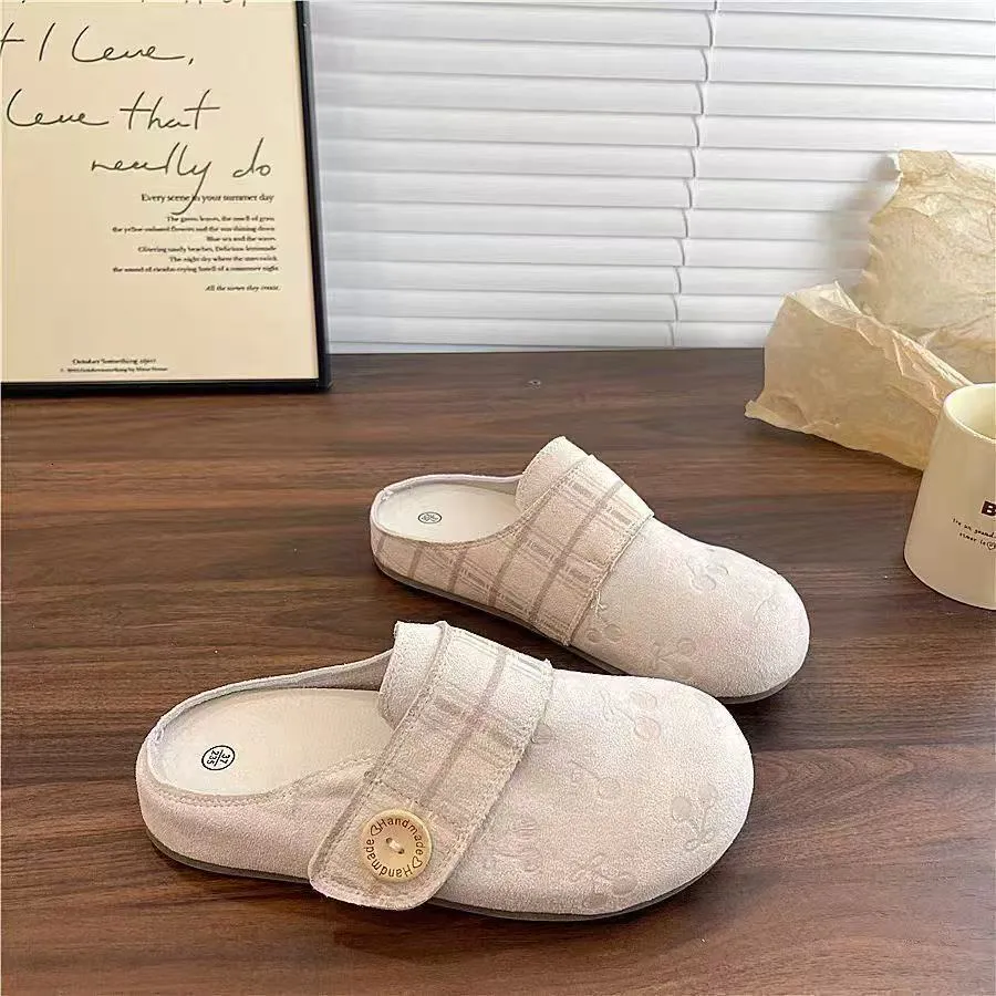 Women Cherry Embroidery Plaid Mule Slippers Flat Casual Sandals_voghion.com