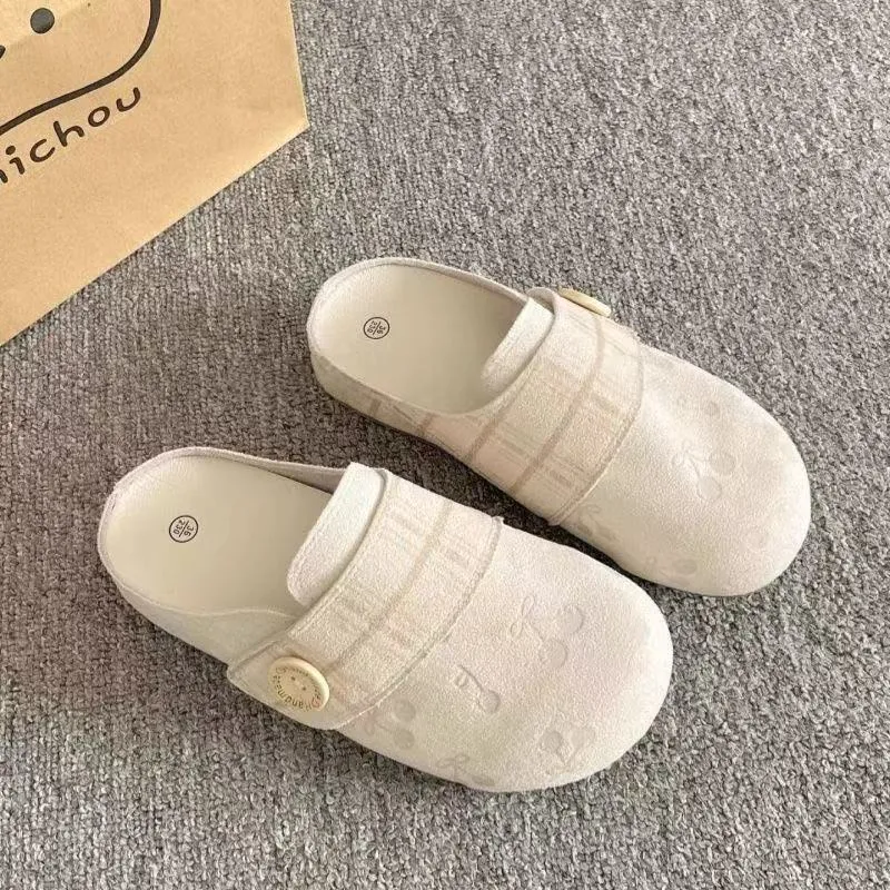 Women Cherry Embroidery Plaid Mule Slippers Flat Casual Sandals_voghion.com